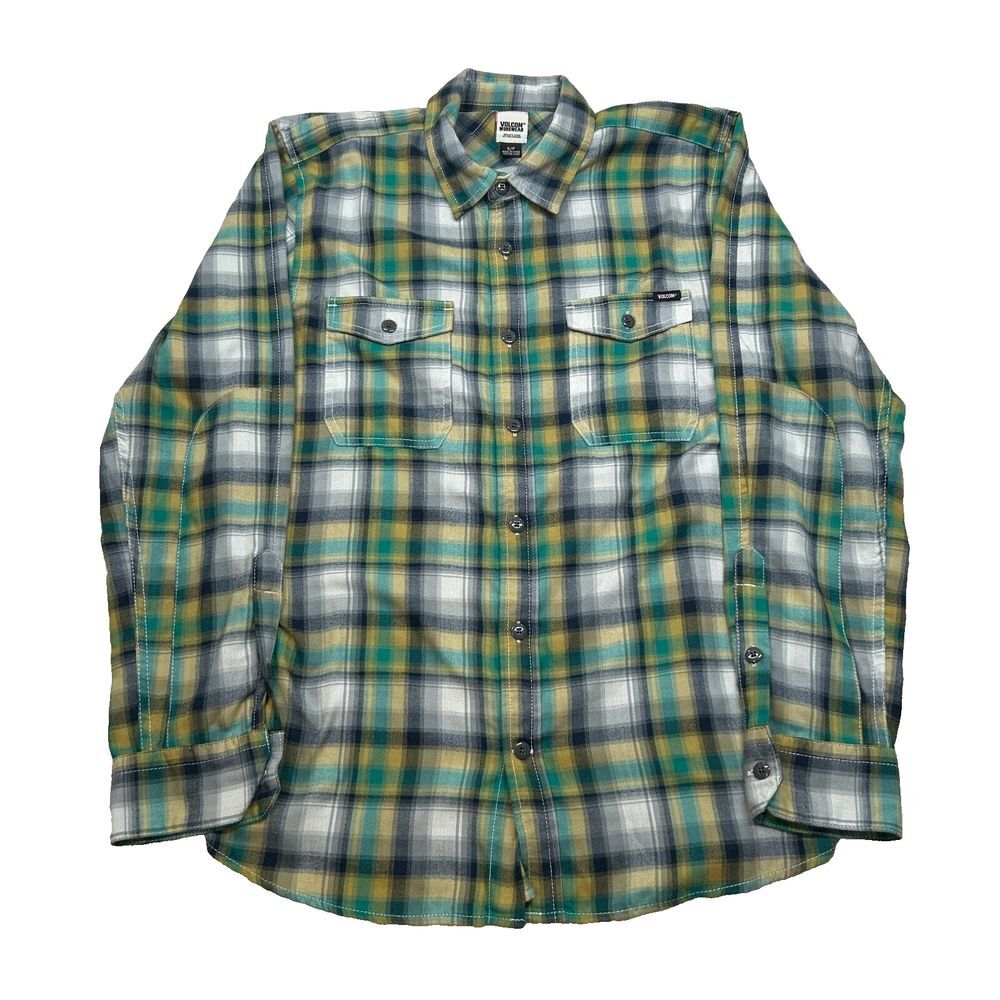 Volcom Workwear Flannel Shirt Mens‎ Small Green Plaid Soft Cotton Long Sleeve